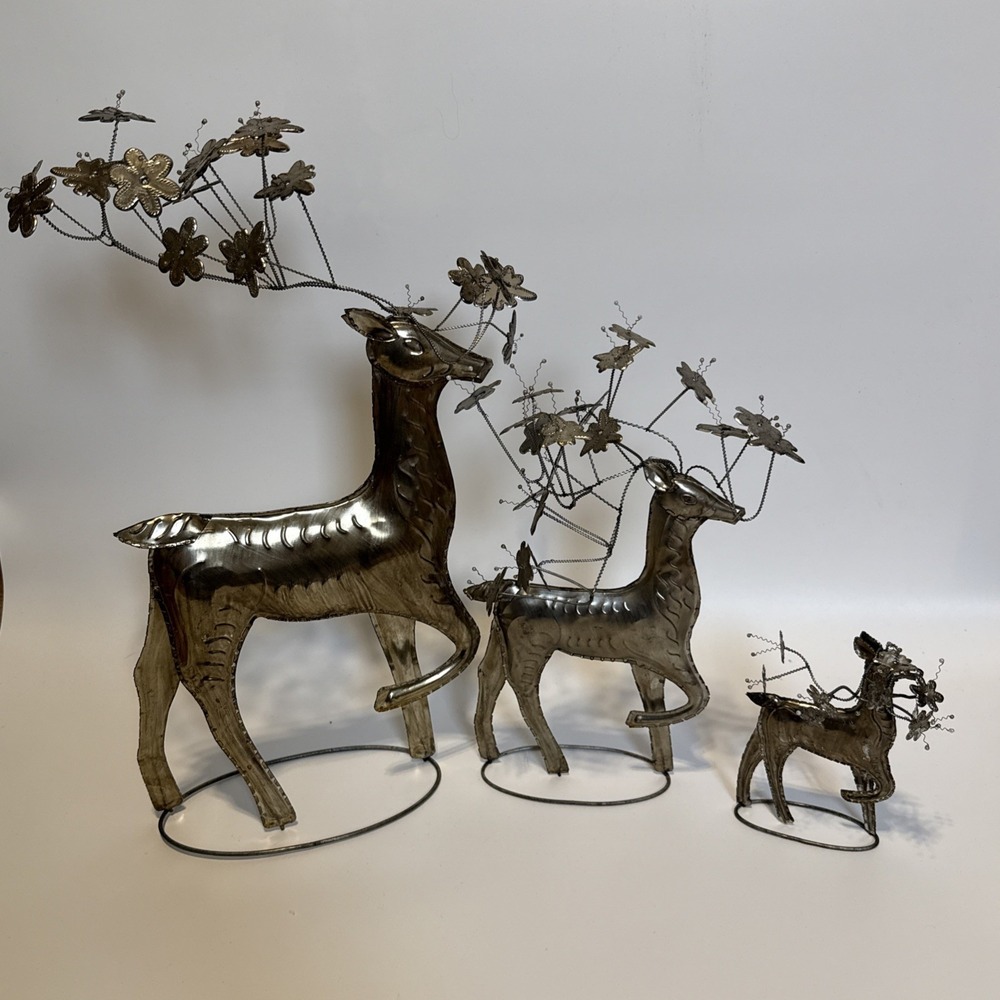 Set Of 3 Pottery Barn Pressed Metal Reindeer Christmas Flower Antlers Decor